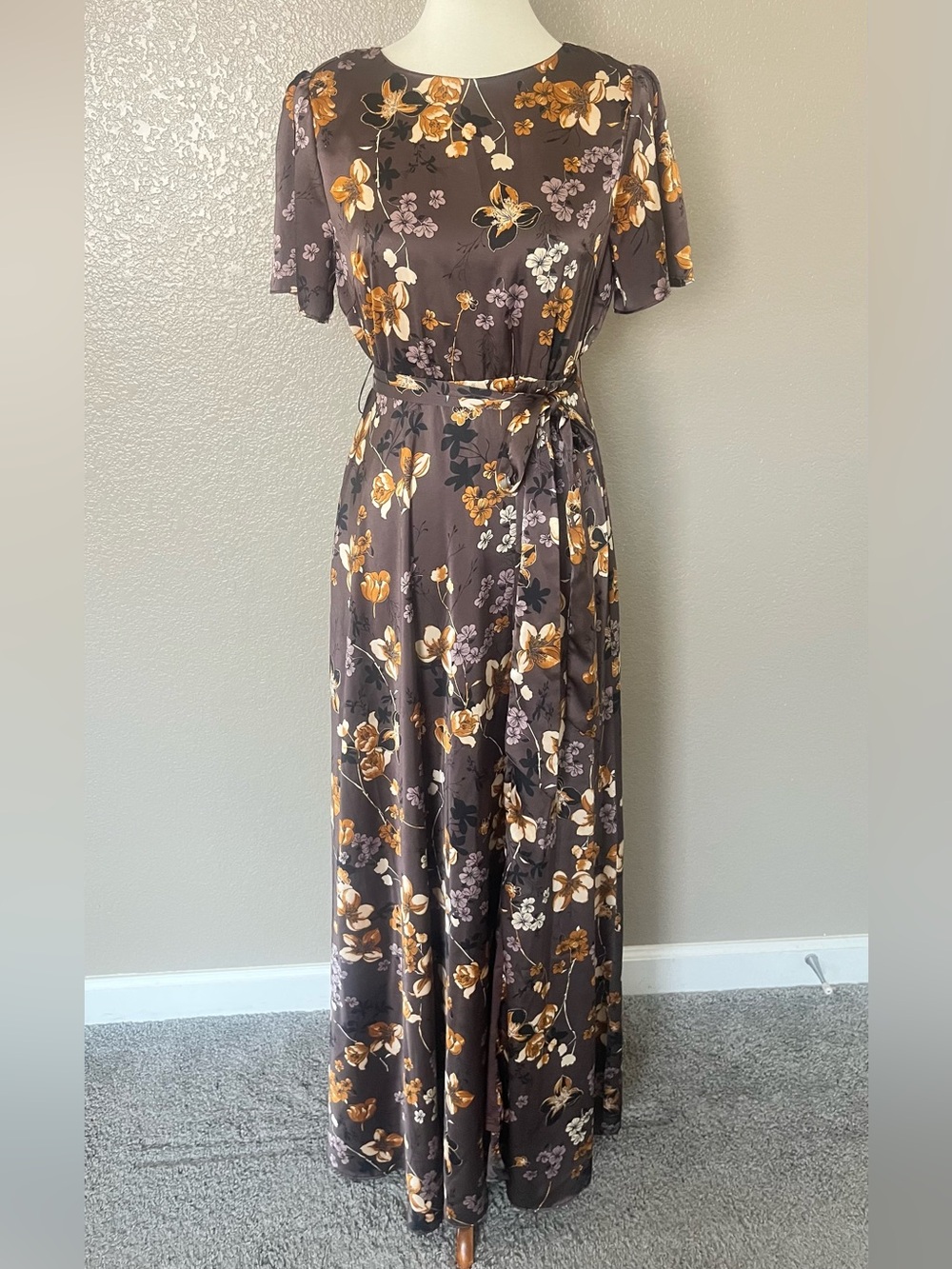 Baltic Born Agnes Satin Maxi Dress Brown Floral Flutter Sleeve Medium